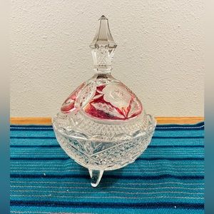 Anna Hutte German Crystal Cut Glass Ruby Red Rose Flower Footed Candy Jar